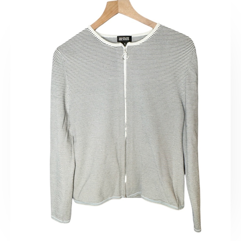 111 State Black White Striped Full Zip Lightweight Cardigan Sweater Sz M